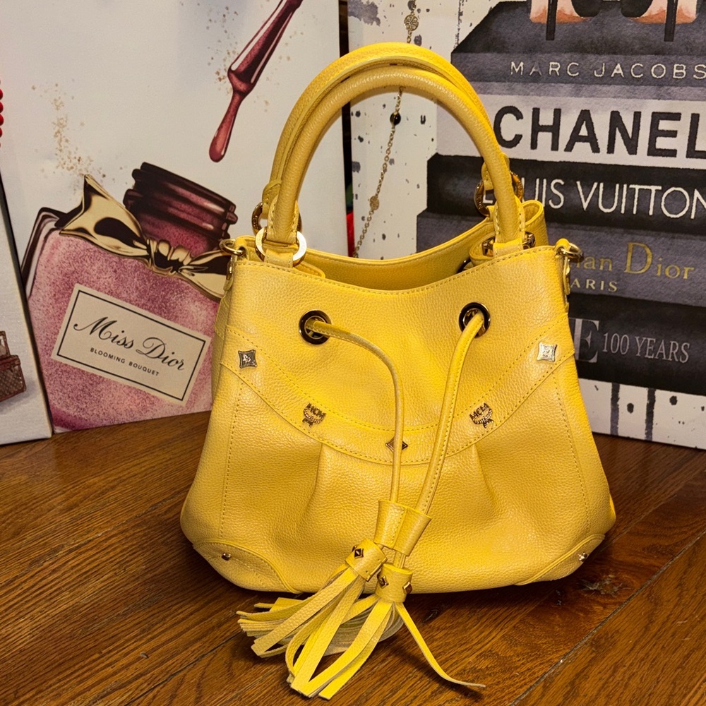 MCM Yellow Pebbled Leather Drawstring Bucket Bag with Silver Tassels & Studs